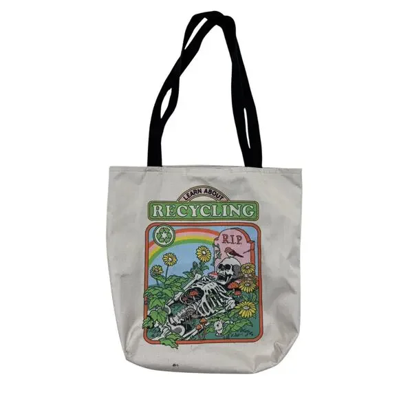 Skeleton “Learn About Recycling” RIP Grave Spooky Tote Bag Whimsygoth Funny - Picture 1 of 8
